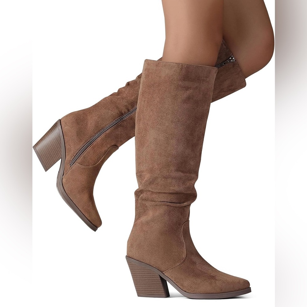 Knee High Faux Suede Chunky Heel Boots